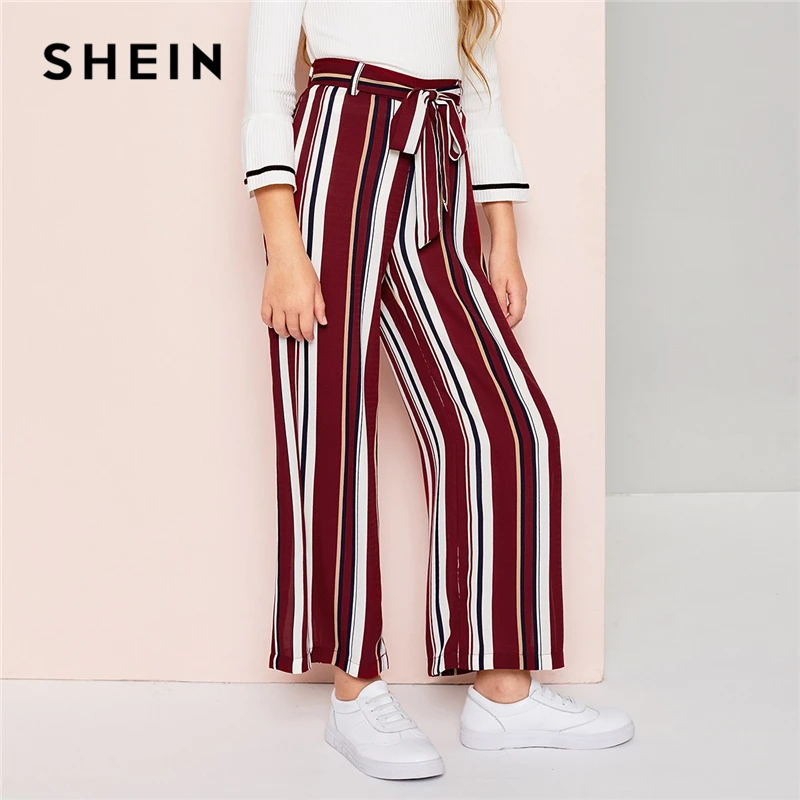 SHEIN/Детские элегантные штаны в полоску с поясом и широкими штанинами для девочек; детская одежда; коллекция года; весенние брюки с эластичной резинкой на талии; повседневные штаны