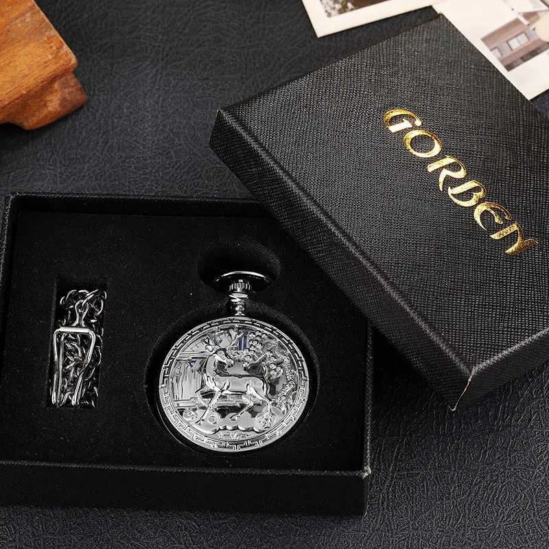 silver with box Винтажный Золотой олень полые ручной Ветер Роскошные Механические карманные часы ожерелье римские цифры цепочка подвеска для часов для мужчин и женщин подарок - Цвет: silver with box
