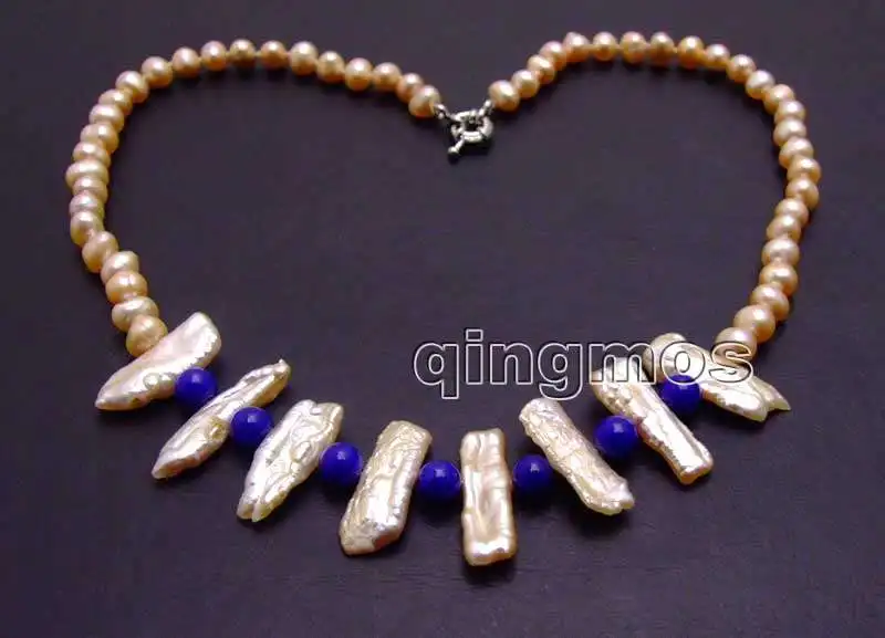 Розовый круглый натуральный жемчуг 6-7 мм Biwa 15-25 и синие бусины 6 17 дюймов Necklace-nec6170 -