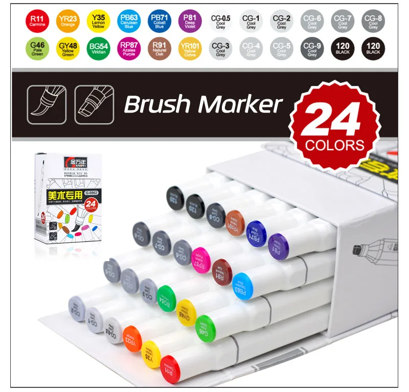 24Colors Ноу 12, 24, 48, 60 цветов, двойной наконечник, Мягкие кисти, маркеры, долото и кисть, чернила на спиртовой основе, манга, художественные маркеры для школьных принадлежностей - Цвет: 24Colors