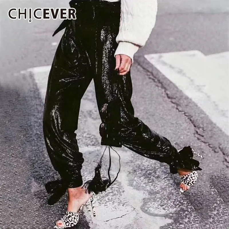CHICEVER Летние повседневные плиссированные черные женские штаны с блестками