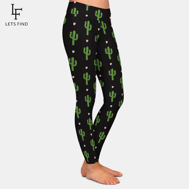 LETSFIND Women High Waist Pants Fashion Cactus Print Fitness Elastic Pants 220gsm Double Side Brushed Milk Silk Print Leggings