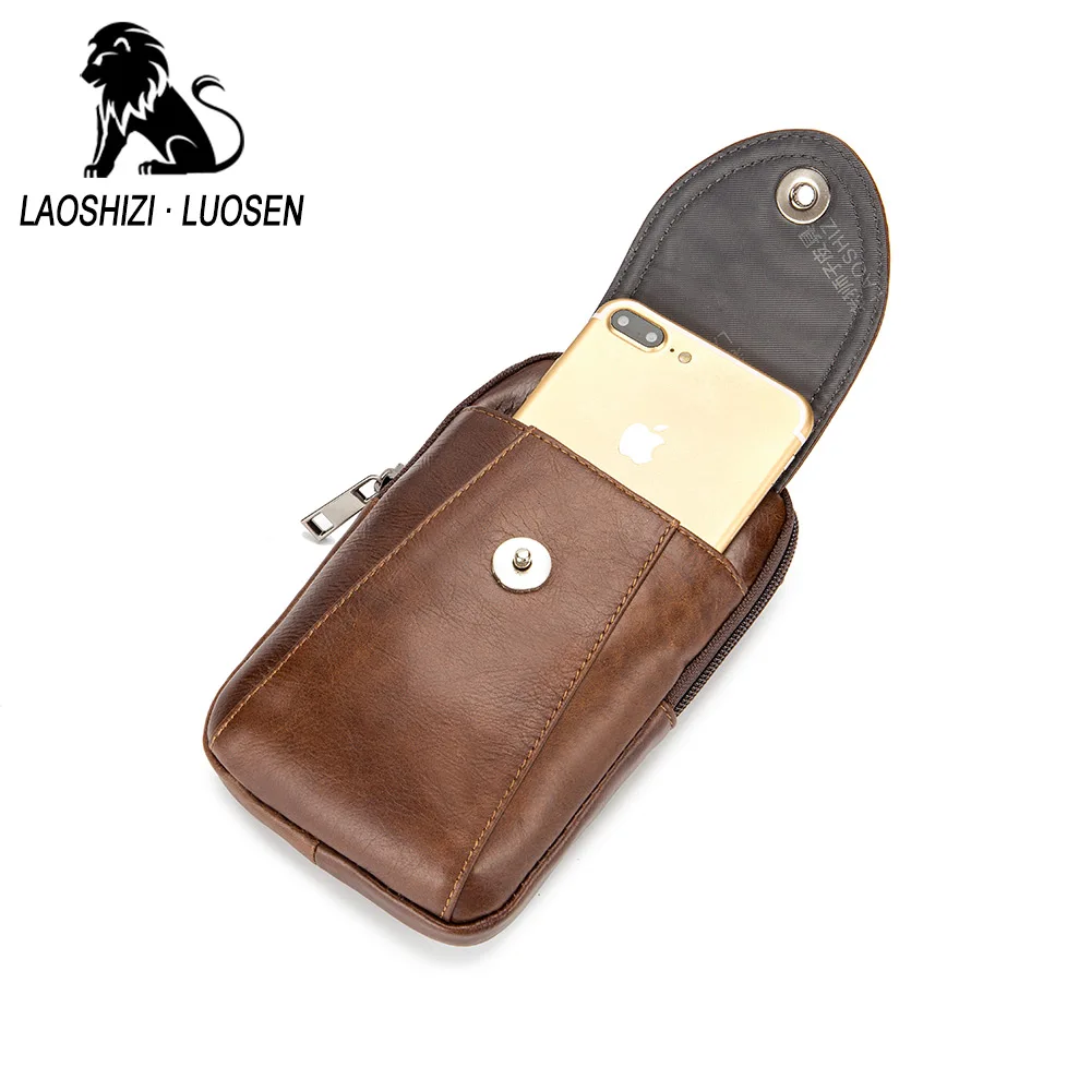 Мужская поясная сумка LAOSHIZI LUOSEN маленькая на мобильный телефон из натуральной