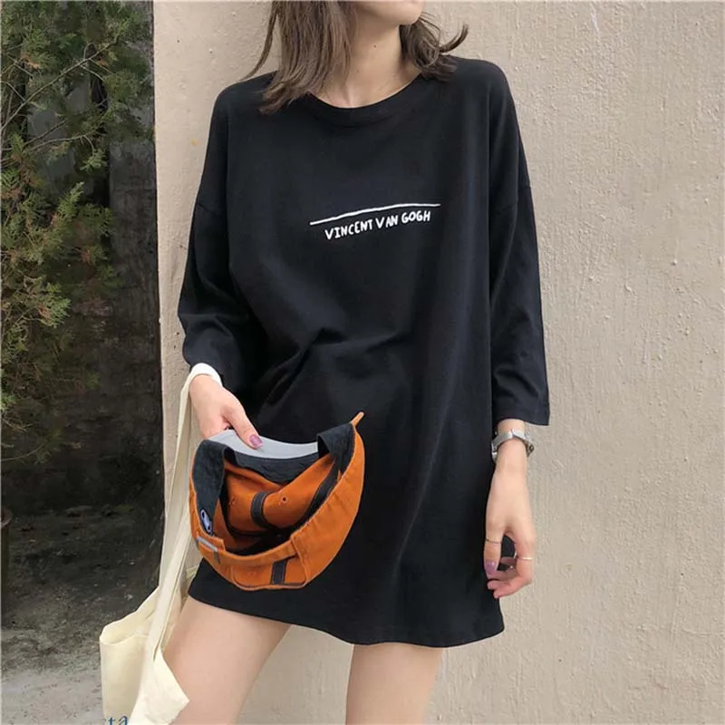 NiceMix летняя футболка Харадзюку женская повседневная черная забавная футболка с круглым вырезом Футболка tumblr Свободные Длинные Топы Футболка Vetement Femme