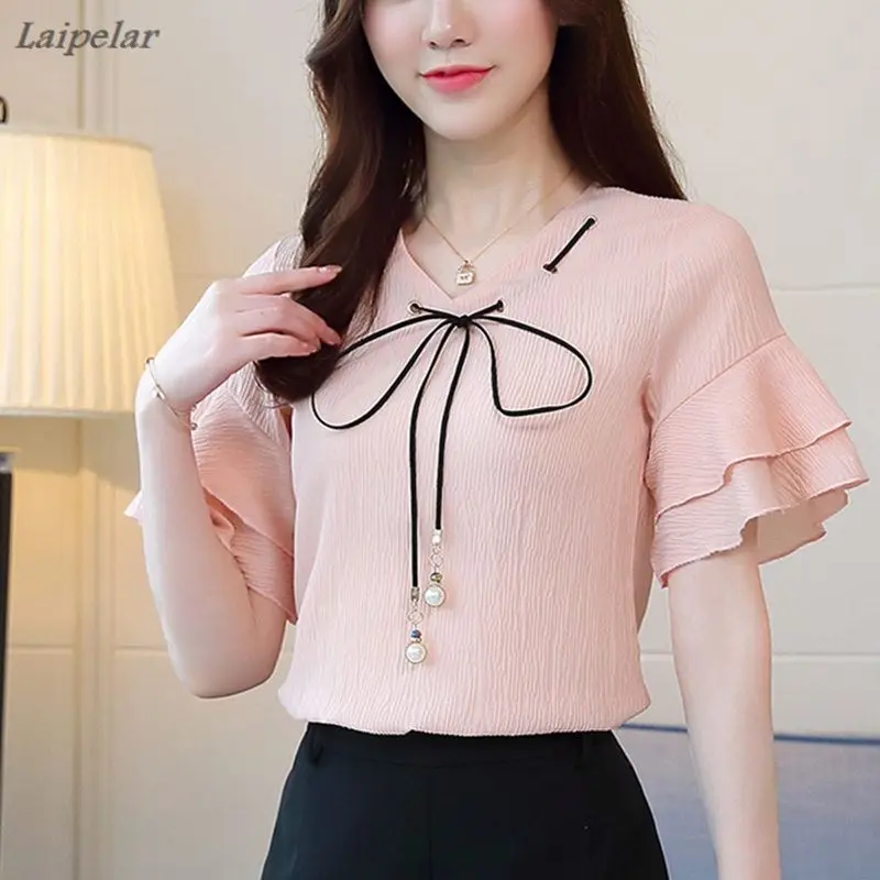 

Женская шифоновая блузка с V-образным вырезом и коротким рукавом