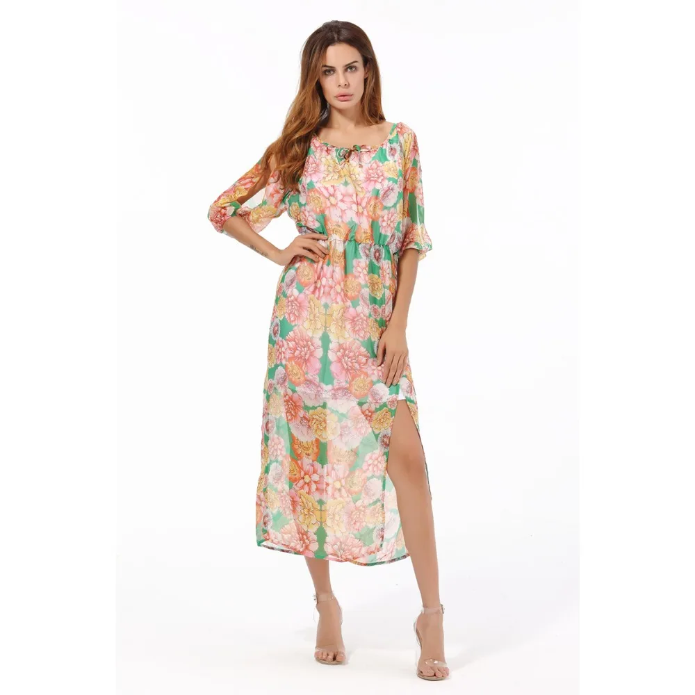 Африканские Цветочные Летние платья длинная шифоновая одежда для пляжной