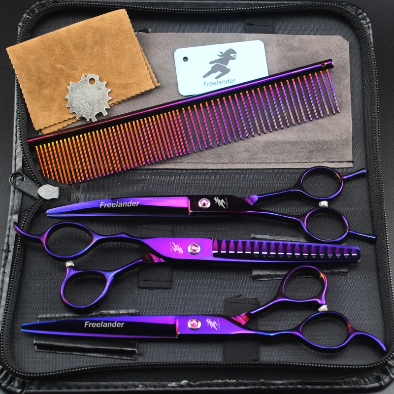 

7 "Professional pet grooming kit, direct and thinning scissors and curved pieces 4 pieces. ,left handed cut
