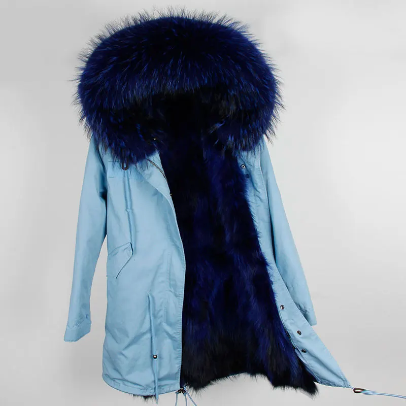 blue black Женское зимнее длинное пальто из натурального меха енота с капюшоном, Свободные повседневные парки с натуральным мехом, теплая хлопковая куртка Mujer - Цвет: blue black
