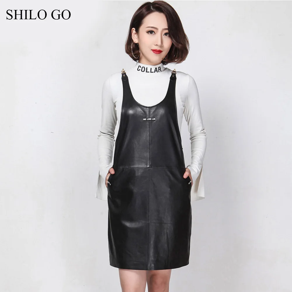 SHILO GO кожаное платье женское весеннее модное платье из натуральной овечьей кожи с v-образным вырезом без рукавов лаконичное свободное прямое платье