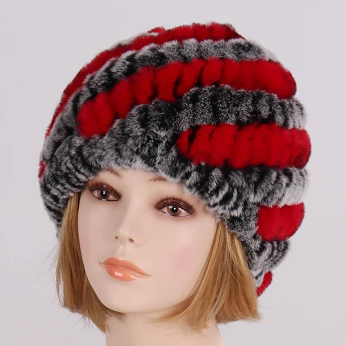 GREY AND RED Женский Зимний вязаный натуральный настоящий мех кролика, шапка для девушек, теплый пушистый Настоящий мех кролика, вязаные шапки из натурального меха - Цвет: GREY AND RED