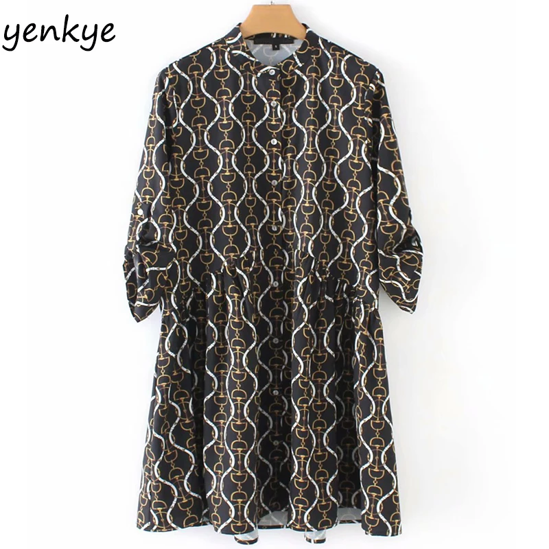 Весна женское винтажное платье с цепочкой женский воротник-стойка с откатным рукавом свободное Повседневное платье Лето XZWM19002