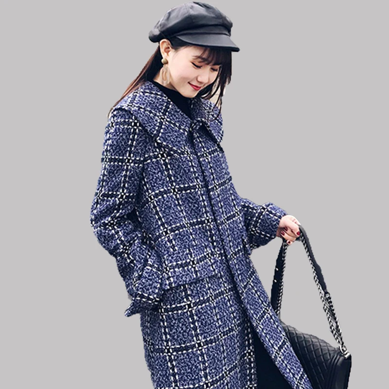 

Beautiful Women's Wool Coat New Fashion Long Woolen Coat Single Blends Plaid loose Female Lattice Wool Coat thick Korean vesti