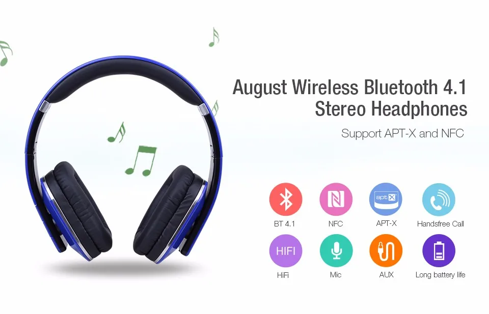 August EP650 беспроводные Bluetooth-наушники с функцией NFC, aptX, Multipoint, микрофоном и аудиовходом 3,5мм для смартфона, компьютера, ТВ
