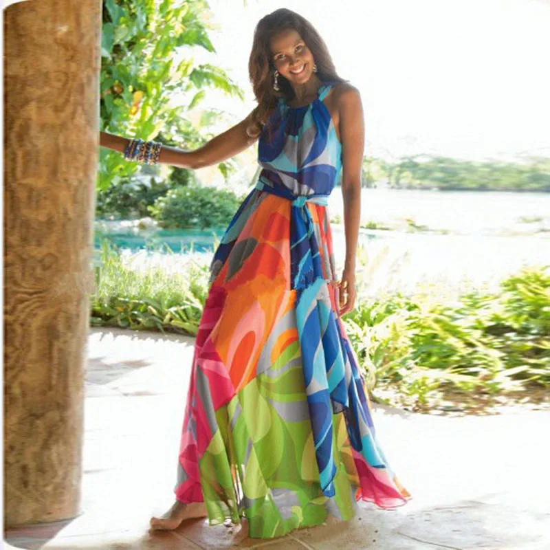 Женское длинное платье с цветочным принтом и лямкой на шее|Женские платья| |