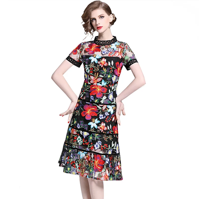 Женское платье с цветочной вышивкой Trytree повседневное ажурное из полиэстера до