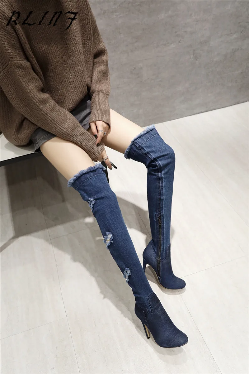 RLINF/Сапоги выше колена с острым носком на высоком каблуке шпильке обтягивающие