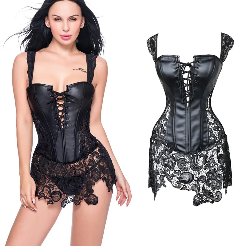 

Womens Sexy Corsets Faux Leather Steampunk Gothic Clothing Long Fashion Black Green Corset Lace Up Bustier Overbust Plus Size