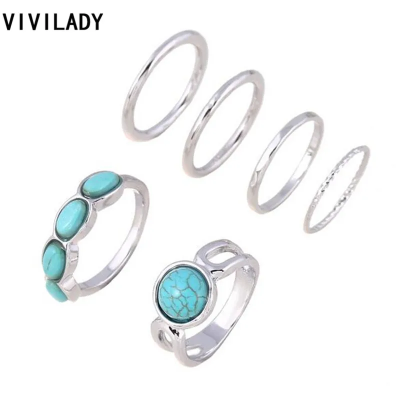 VIVILADY Bohemian 6pcs Boho Natural Blue Stones Steampunk Finger Midi Knuckle Ring Sets Anel Accessory Women Girl Birthday Gifts | Украшения