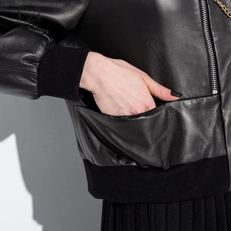 Autumn women Sheepskin Genuine Leather jacket Black motorcycle Casual short pocket real leather Baseball jaqueta couro feminina | Женская