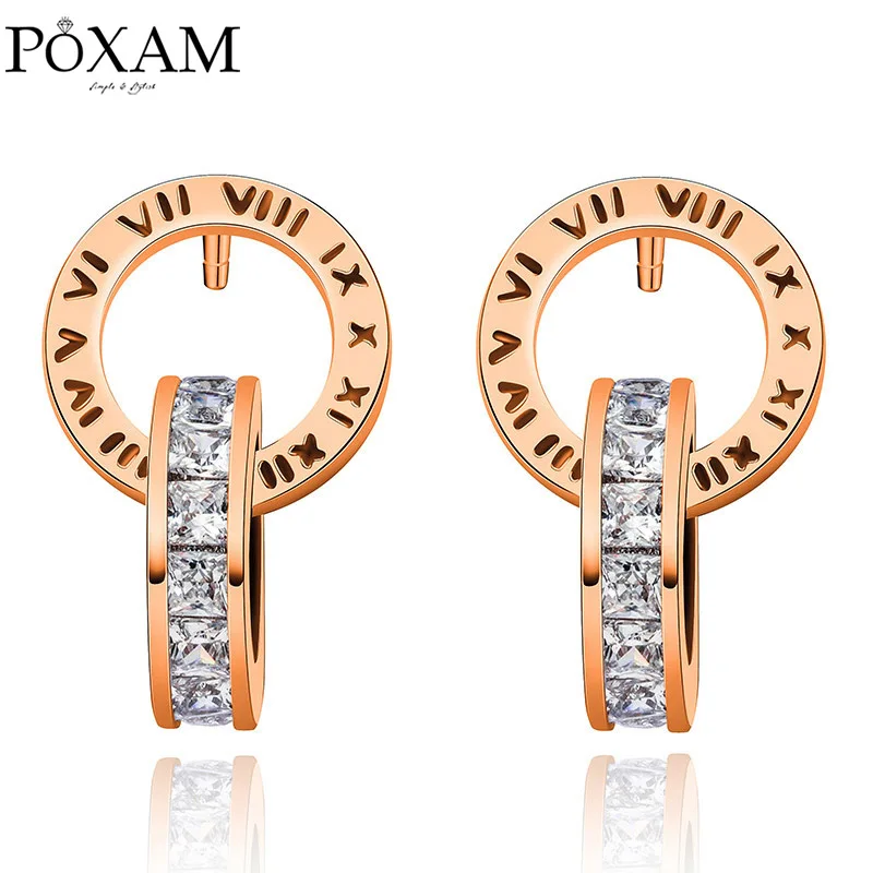 Rose Gold POXAM, модные роскошные римские цифры, круглые, пересекающиеся кристаллы, маленькие серьги-гвоздики для женщин, мужчин, панков, мальчиков и девочек, серьги, ювелирные изделия - Окраска металла: Rose Gold