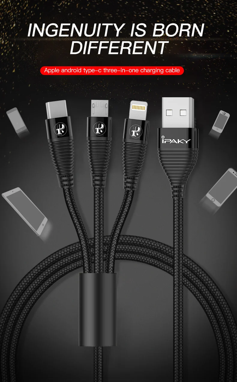 IPAKY 3 в 1 USB кабель 3A для мобильного телефона Micro usb type C зарядный кабель для iPhone XR XS Max X huawei кабель для быстрой зарядки данных