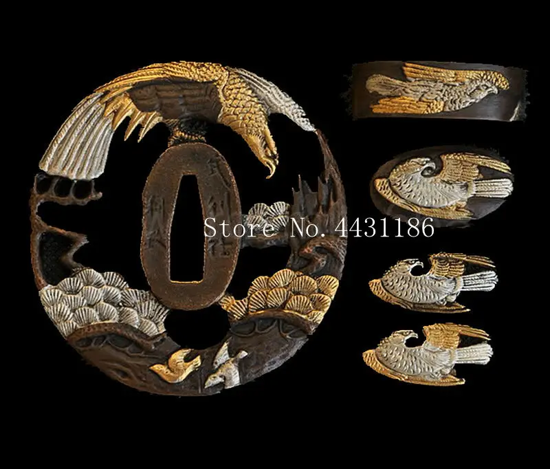 Set Fitting Набор высшего качества японский самурайский меч GUARD TSUBA EAGLE тема ручной работы латунь Катана DIY фитинг-TSUBA+ FUCHI+ KASHIRA+ MENUKI - Цвет: Set Fitting