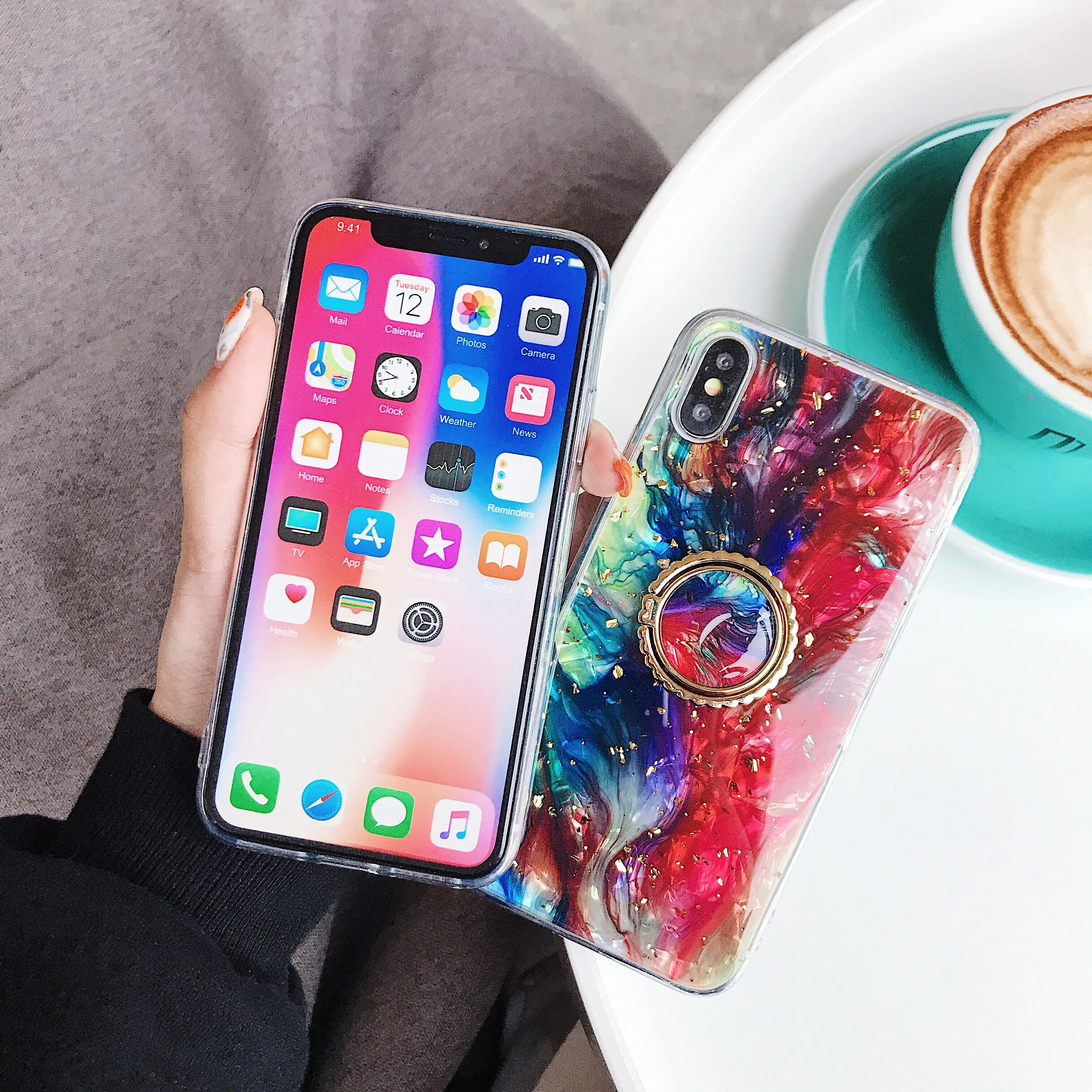 Модный Цветной эпоксидный чехол для телефона iPhone 7 6 6S 8 Plus XR X XS MAX из золотой фольги