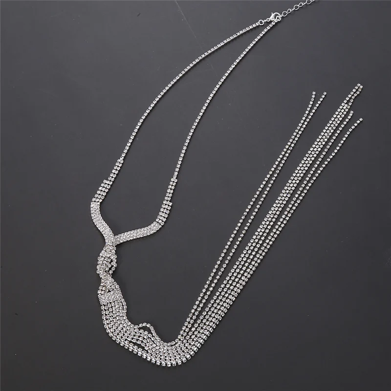 European and American bride wedding temperament multi-layer silver color-plated water drill claw chain suit Necklace Earrings | Украшения и