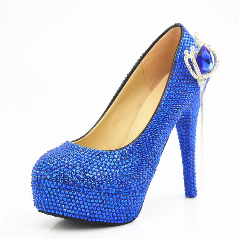 Женские вечерние туфли Золушки на высоком каблуке Элегантные Синие стразы