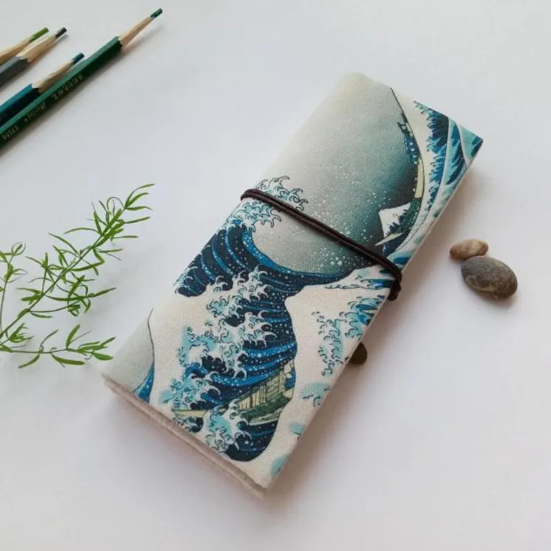 Винтажный пенал школьный холщовый чехол в рулоне для хранения косметики кистей и