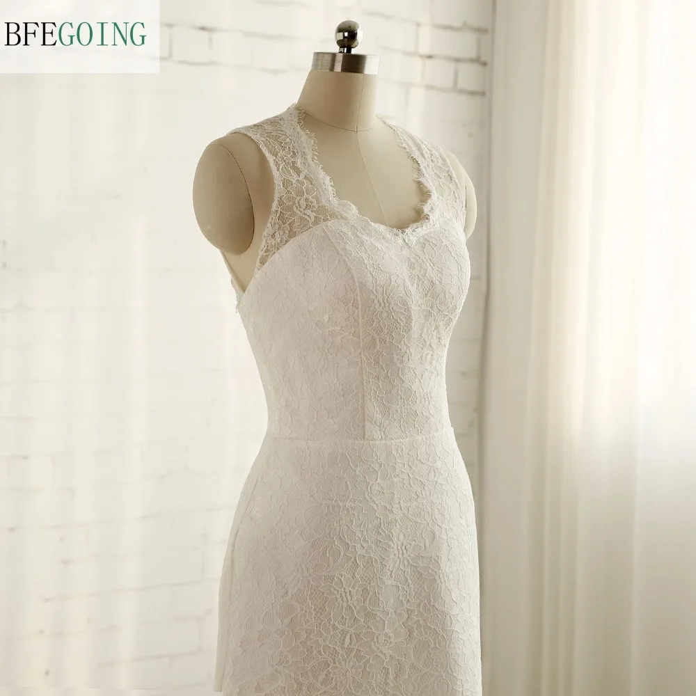 

Ivory Lace Floor-Length V-Neck Mermaid/Trumpet Wedding dress Sweep Train Sleeveless Bridal Gown Custom made