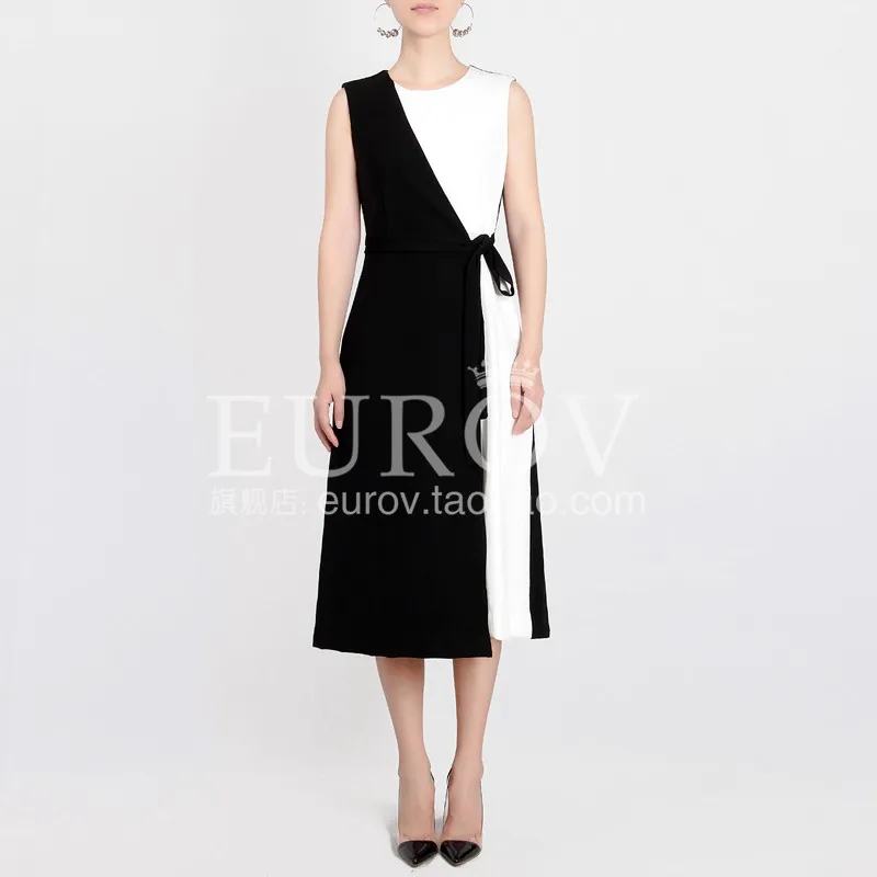 

Women Autumn Dress Brief 2018 New Fashion High Quality Designer Elegant Black White Irregular Collage Belt Slim Dress