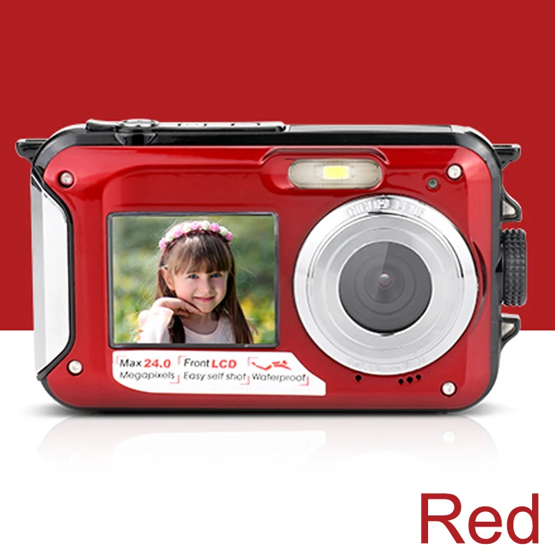 Red KOMERY WP01 двойной экран цифровой Водонепроницаемый Камера 1080 P 2400 Вт Pixel 16X цифровой зум HD автоспуска Гарантия 3 года - Цвет: Red