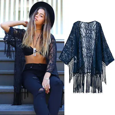 Long Sleeve Lace Cardigan Bikini Cover-Ups Beach Dress Crochet Black White Tassels Sunscreen Dresses Top Swimwear | Женская одежда