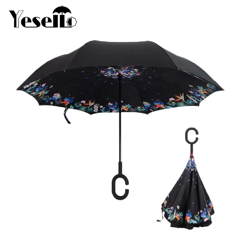 Yesello Printing Reverse Folding Double Layer Guarda Chuva Inverted Umbrella Self Stand Inside Out Rain Protection For Long Car | Дом и сад