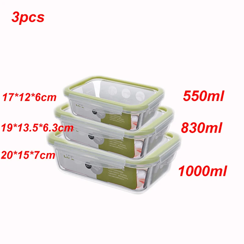 550ML-830ML-1000ML Стеклянный контейнер для завтрака, контейнер для хранения еды, без бисфенола, герметичные крышки - Цвет: 550ML-830ML-1000ML