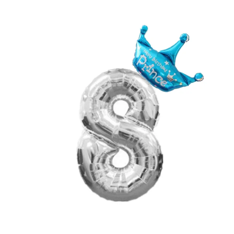 8 With Blue Crown 32/40 дюймовые серебряные воздушные шары из фольги для детей 1, 2, 3, 4, 5, 6, 7, 8, 9 лет с короной, неоновые Стикеры для маленьких мальчиков и девочек - Цвет: 8 With Blue Crown
