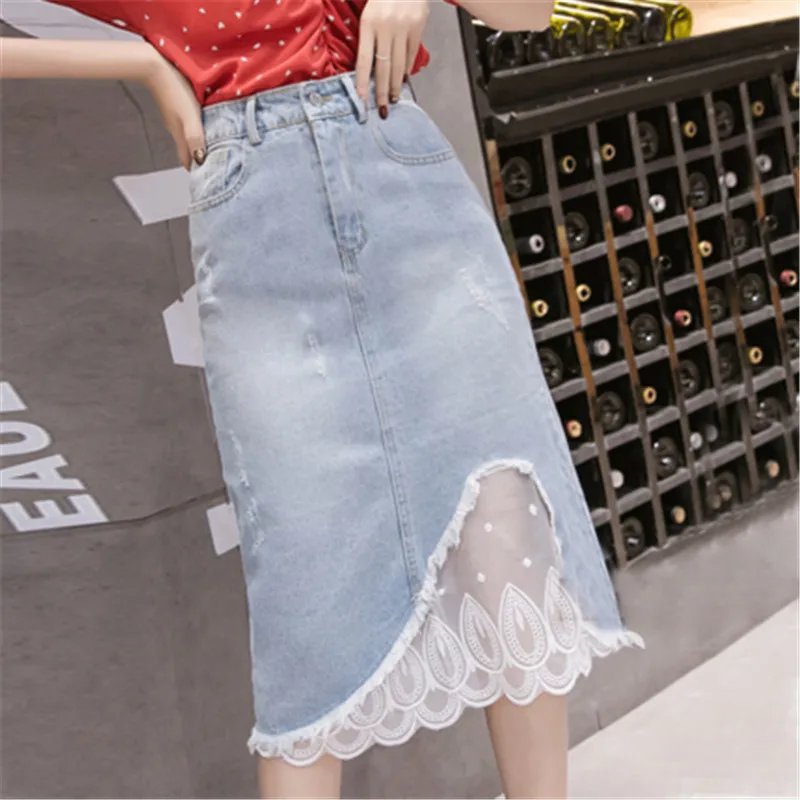 Женские джинсовые юбки с высокой талией летние кружевные лоскутные в стиле