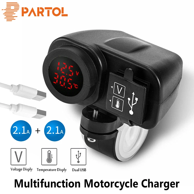 Partol Многофункциональный мотоцикл USB зарядное устройство светодиодный цифровой вольтметр-термометр 2.1A+ 2,1 для зарядки gps iPhone iPod psp телефонов