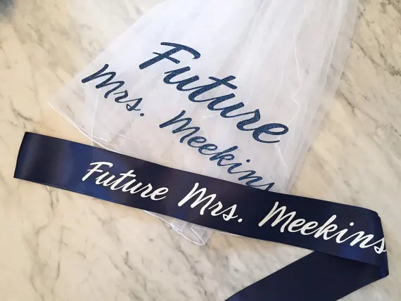 customize navy glitter wedding sash and veil set, bachelorette party sash veil sets, future mrs veil party favors