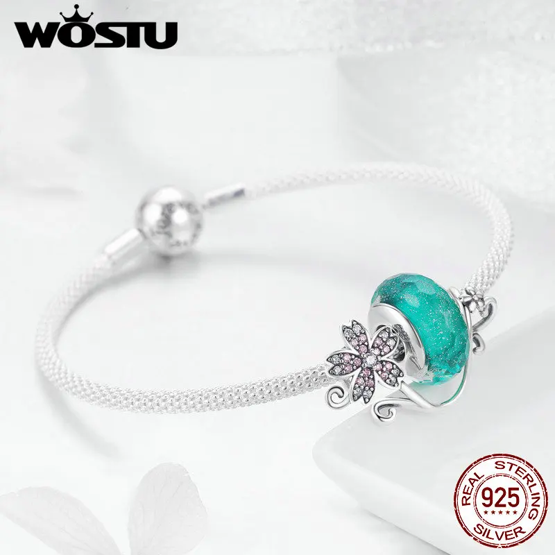 WOSTU Стерлинговое Серебро 925 пробы зеленый муранский бисер розовый цветок