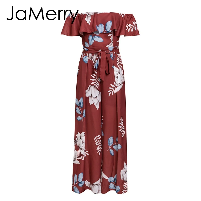 red print JaMerry, винтажный, богемный, цветочный принт, женский комбинезон, Boho, элегантный, с открытыми плечами, с поясом, длинный комбинезон, летний, пляжный, с оборками, комбинезон - Цвет: red print