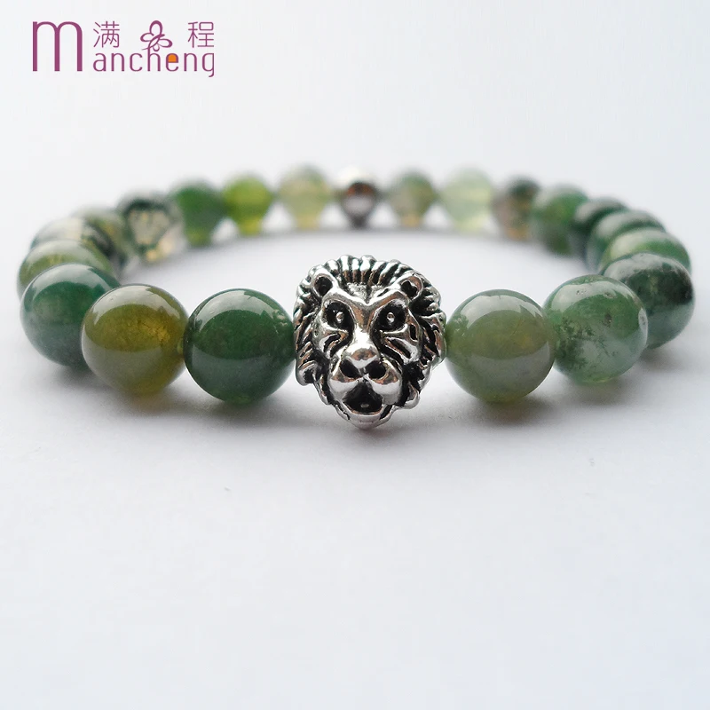 Мужской браслет Linon head натуральный 8 мм 5A моховые Агаты с бусинами для женщин