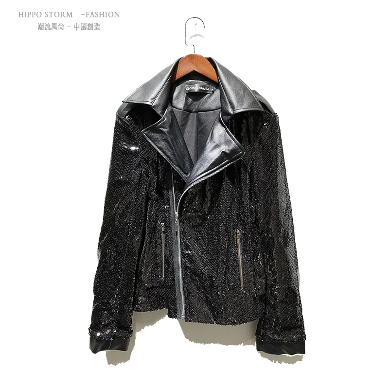 

Male Women Streetwear Hip Hop Casual Short Coat Nightclub Stage Show Costumes Men Black Sequined Motorcycle Jacket