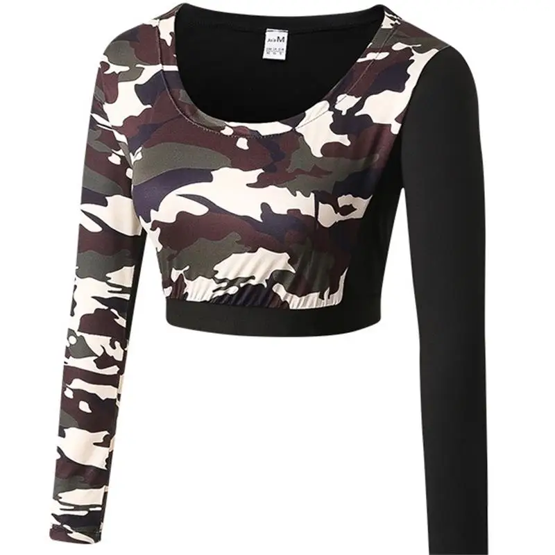 2019 ladies fitness yoga tank top exercise running training exposed navel tight quick dry camouflage long sleeve shirts | Спорт и