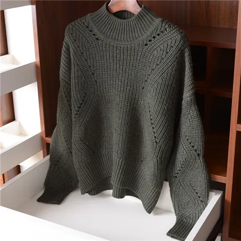 dark green Чистая шерсть Твердые вязать для женщин Мода выдалбливают Oneck толстый пуловер свитер черный 4 вида цветов S-L Розничная и опт - Цвет: dark green