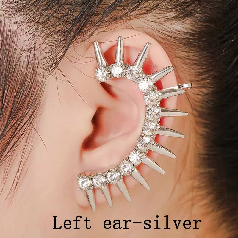 left ear silver Серьги в стиле панк с заклепками, серьги-манжеты, трендовые инкрустированные стразы, цинковый сплав, серьги-манжеты в готическом стиле, вечерние ювелирные изделия, серьги-клипсы - Окраска металла: left ear silver