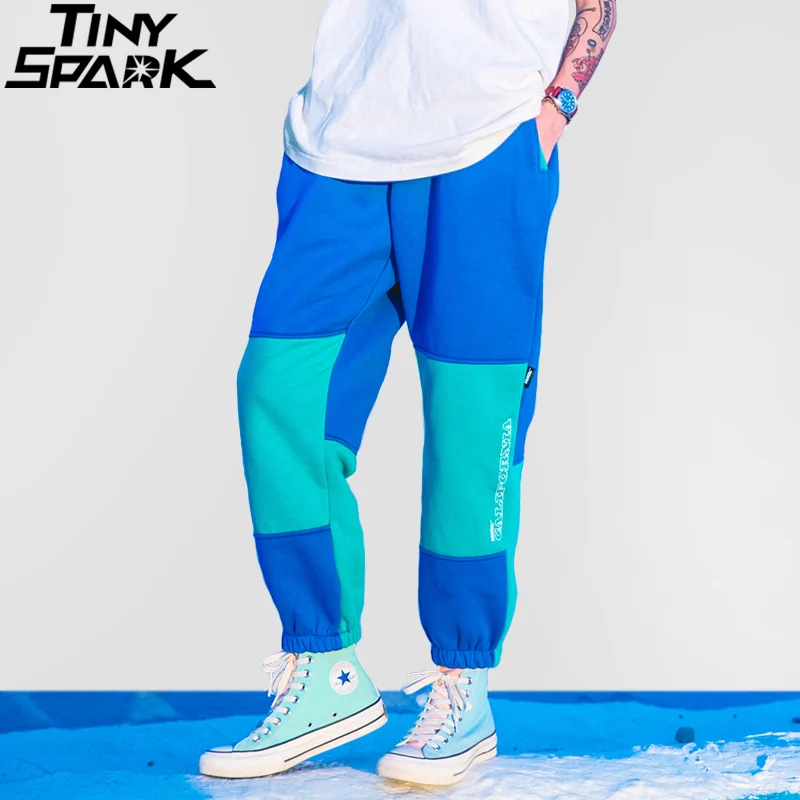 Мужские Цвет блок брюки уличной хип хоп Fleece Sweatpant Harajuku трико для мужчин