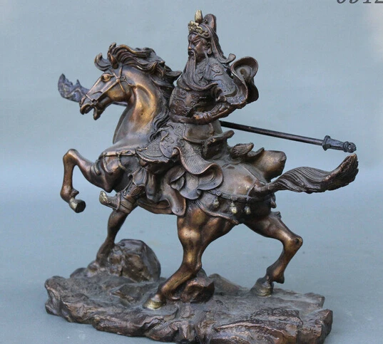 bir 006992 10&quot Chinese Pure Copper Bronze Guan Gong Yu Dragon Warrior Sword On Horse Statue | Дом и сад