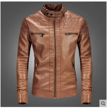 Мужская кожаная приталенная куртка со стоячим воротником большого размера для